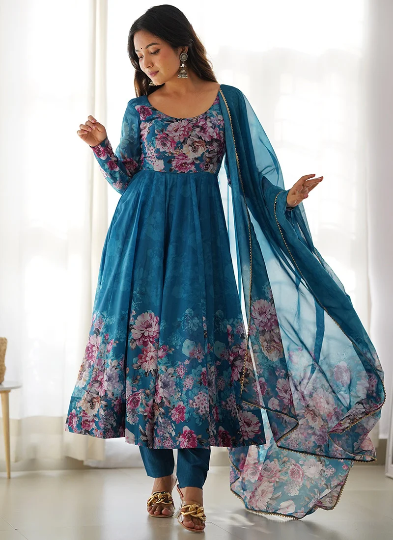 Navy blue georgette zari embroidered